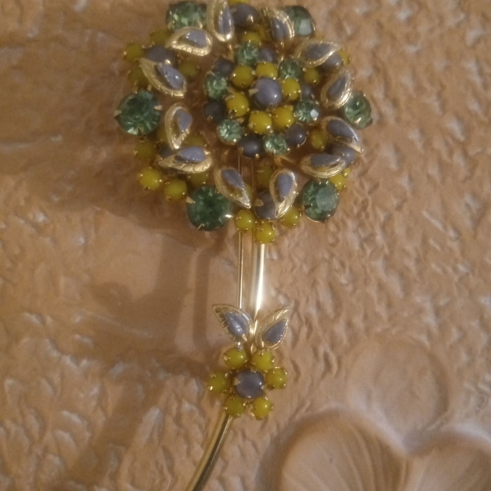Gold Tone enamel and crystal Flower Brooch.
